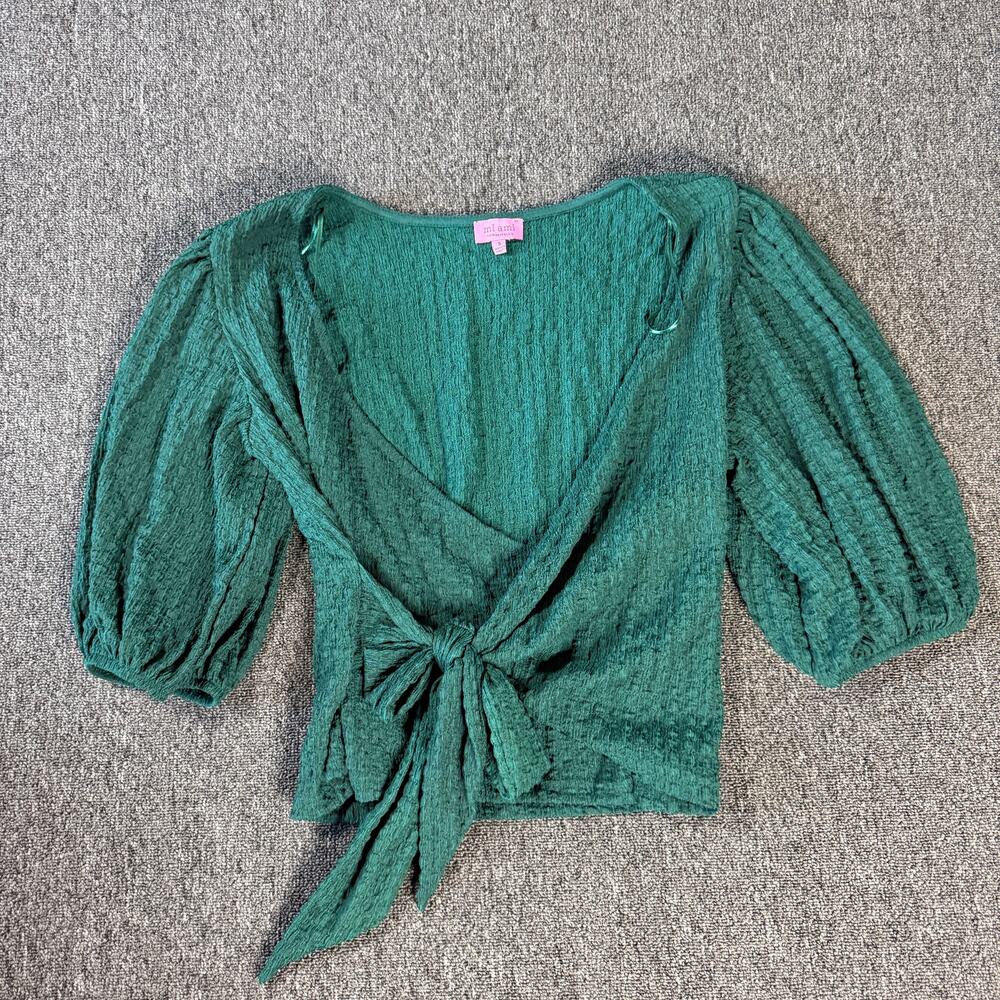 Vintage Y2k Miami for Francesca's Puff Sleeve V-Neck Green Wrap Blouse Small